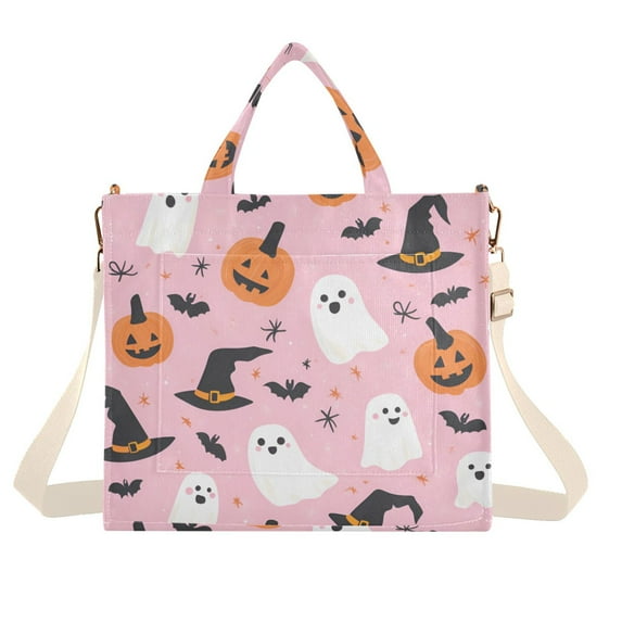 FORMRS Womens Corduroy Tote Bag Crossbody Shoulder Handbag with Pocket, Pink Halloween Ghosts
