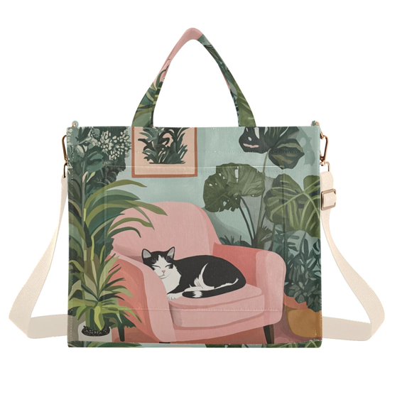 FORMRS Womens Corduroy Tote Bag Crossbody Shoulder Handbag with Pocket, Pink Sleeping Cat