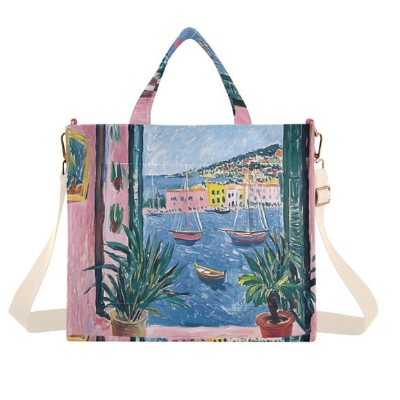 FORMRS Womens Corduroy Tote Bag Crossbody Shoulder Handbag with Pocket, Pink Window