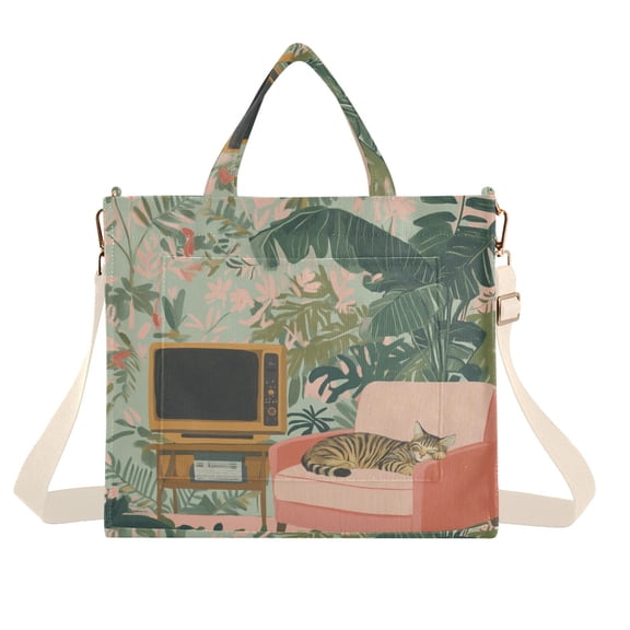 FORMRS Womens Corduroy Tote Bag Crossbody Shoulder Handbag with Pocket, Pink and Green Cat