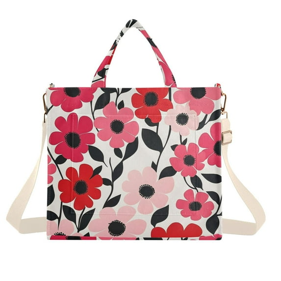 FORMRS Womens Corduroy Tote Bag Crossbody Shoulder Handbag with Pocket, Pink and Red Flowers