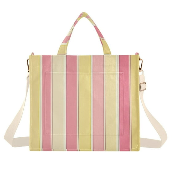 FORMRS Womens Corduroy Tote Bag Crossbody Shoulder Handbag with Pocket, Pink and Yellow Striped Pattern