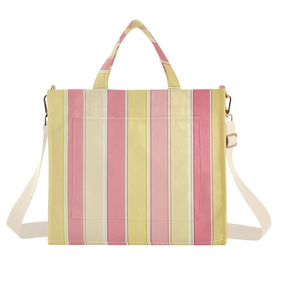 FORMRS Womens Corduroy Tote Bag Crossbody Shoulder Handbag with Pocket, Pink and Yellow Striped Pattern