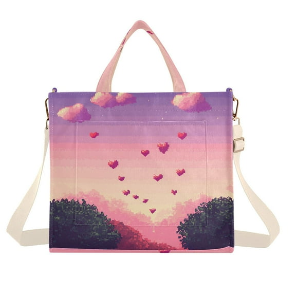 FORMRS Womens Corduroy Tote Bag Crossbody Shoulder Handbag with Pocket, Pixel Floating Hearts