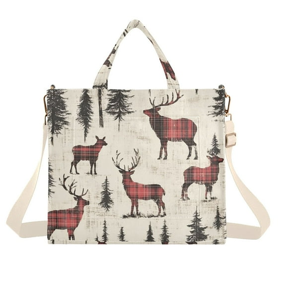FORMRS Womens Corduroy Tote Bag Crossbody Shoulder Handbag with Pocket, Plaid Deer