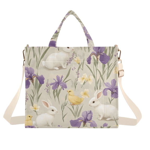 FORMRS Womens Corduroy Tote Bag Crossbody Shoulder Handbag with Pocket, Purple Floral Rabbit