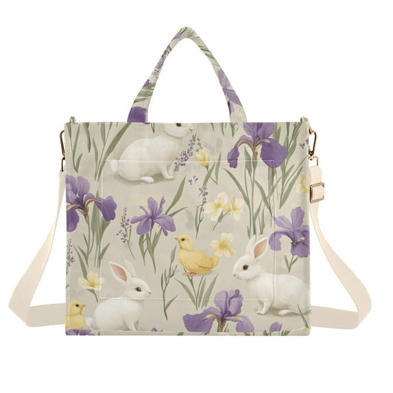 FORMRS Womens Corduroy Tote Bag Crossbody Shoulder Handbag with Pocket, Purple Floral Rabbit