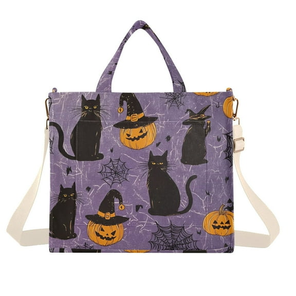 FORMRS Womens Corduroy Tote Bag Crossbody Shoulder Handbag with Pocket, Purple Halloween Black Cat