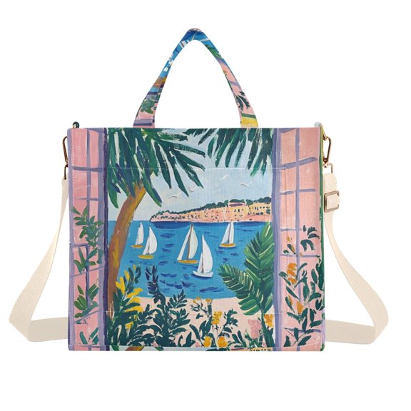 FORMRS Womens Corduroy Tote Bag Crossbody Shoulder Handbag with Pocket, Purple Seaside