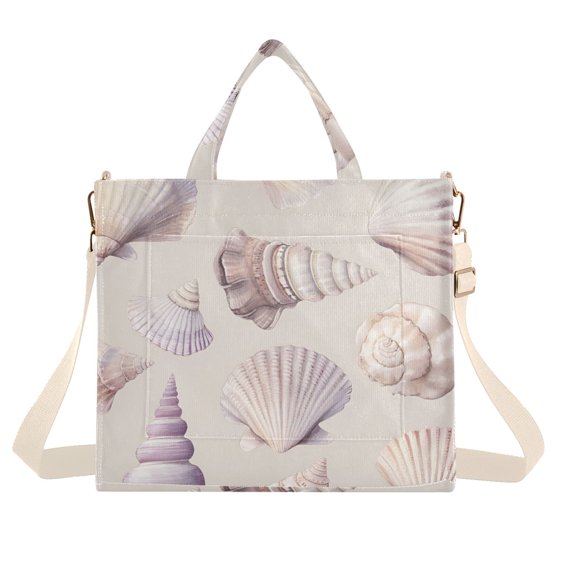 FORMRS Womens Corduroy Tote Bag Crossbody Shoulder Handbag with Pocket, Purple Watercolor Seashells