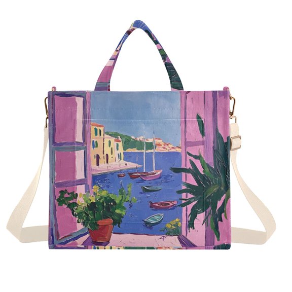 FORMRS Womens Corduroy Tote Bag Crossbody Shoulder Handbag with Pocket, Purple Window Scene