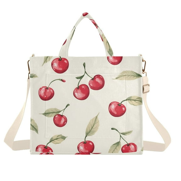 FORMRS Womens Corduroy Tote Bag Crossbody Shoulder Handbag with Pocket, Red Cherry