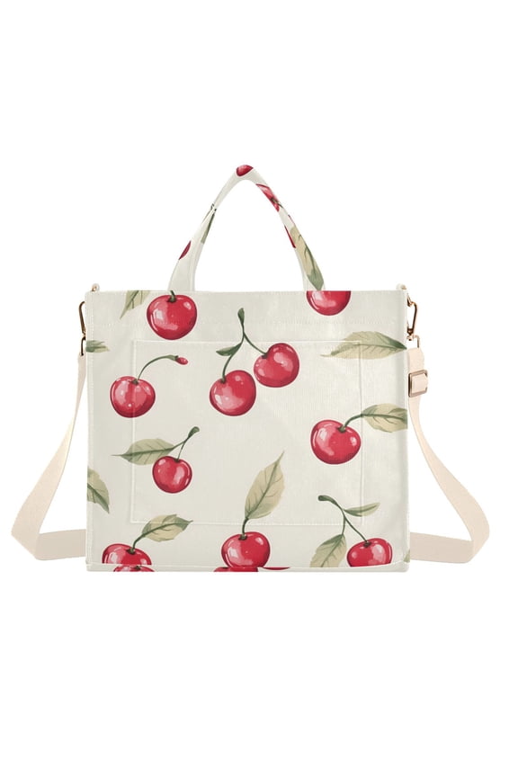 Womens Corduroy Tote Bag Crossbody Shoulder Handbag with Pocket, Red Cherry