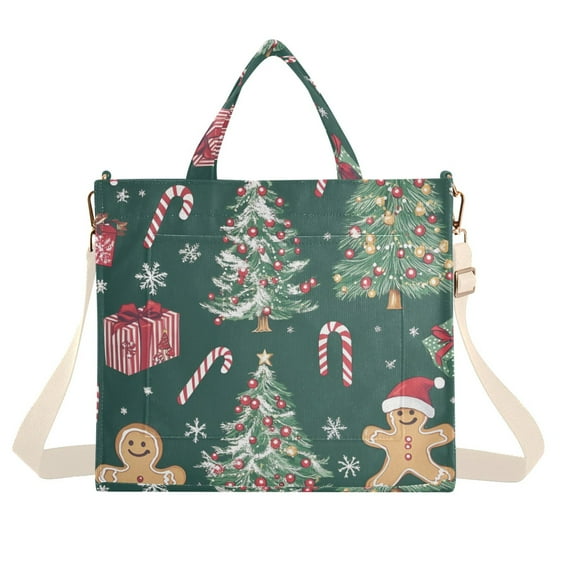 FORMRS Womens Corduroy Tote Bag Crossbody Shoulder Handbag with Pocket, Red Christmas Gingerbread