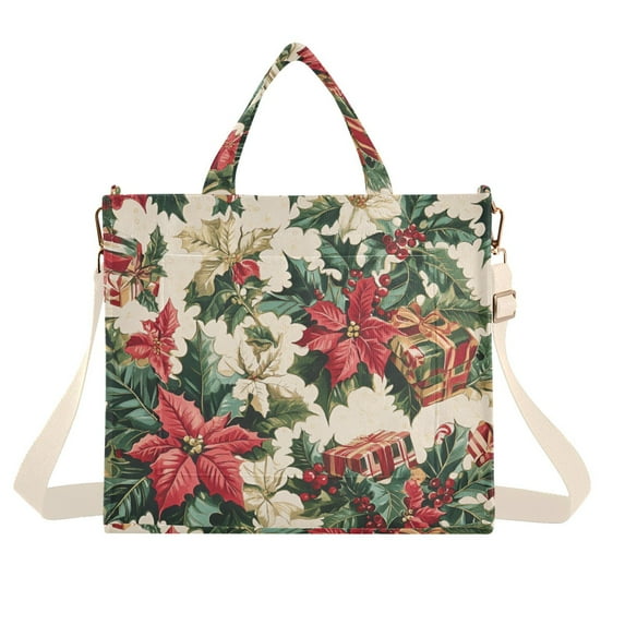 FORMRS Womens Corduroy Tote Bag Crossbody Shoulder Handbag with Pocket, Red Christmas Poinsettia