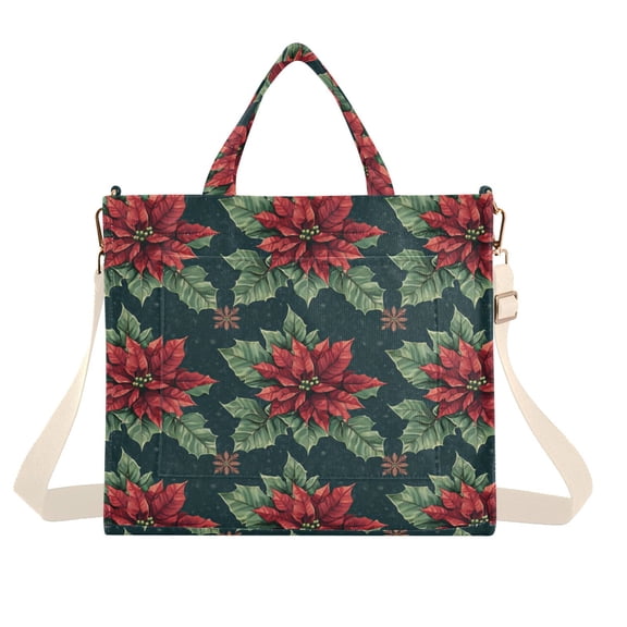 FORMRS Womens Corduroy Tote Bag Crossbody Shoulder Handbag with Pocket, Red Christmas Poinsettias