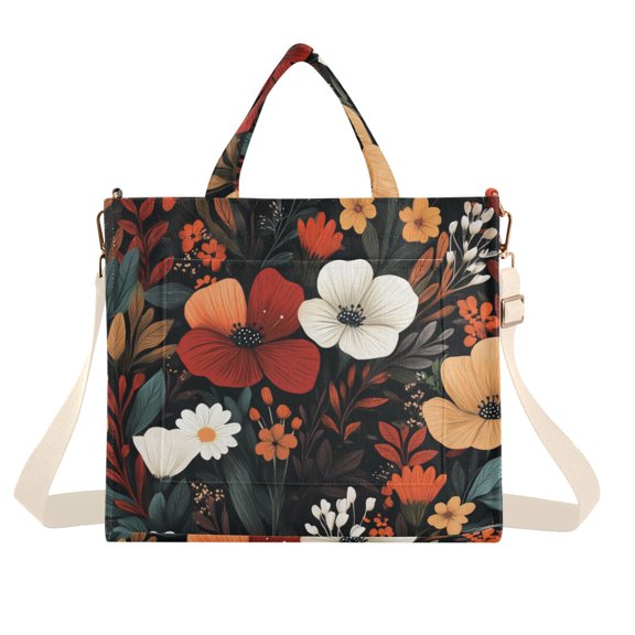 FORMRS Womens Corduroy Tote Bag Crossbody Shoulder Handbag with Pocket, Red Flowers Pattern