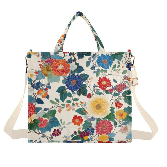 FORMRS Womens Corduroy Tote Bag Crossbody Shoulder Handbag with Pocket, Red Japanese Floral Pattern