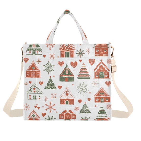 FORMRS Womens Corduroy Tote Bag Crossbody Shoulder Handbag with Pocket, Red Nordic Christmas