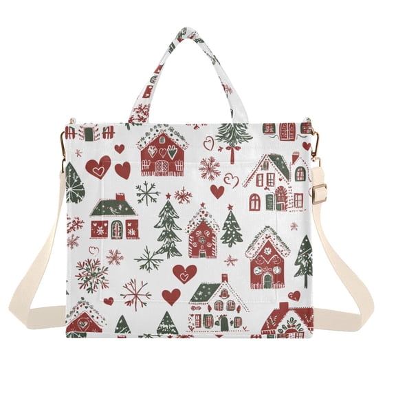 FORMRS Womens Corduroy Tote Bag Crossbody Shoulder Handbag with Pocket, Red Nordic Christmas