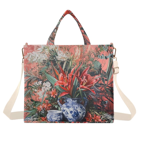 FORMRS Womens Corduroy Tote Bag Crossbody Shoulder Handbag with Pocket, Red Vibrant Flowers