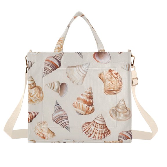 FORMRS Womens Corduroy Tote Bag Crossbody Shoulder Handbag with Pocket, Red Watercolor Seashells