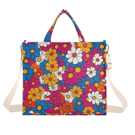 FORMRS Womens Corduroy Tote Bag Crossbody Shoulder Handbag with Pocket, Red Whimsical Floral