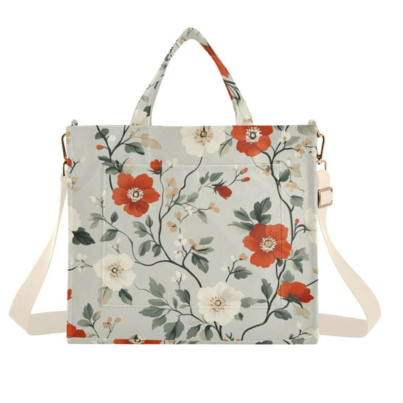 FORMRS Womens Corduroy Tote Bag Crossbody Shoulder Handbag with Pocket, Red and White Floral Pattern