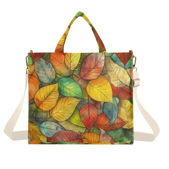 FORMRS Womens Corduroy Tote Bag Crossbody Shoulder Handbag with Pocket, Retro Autumn Leaves