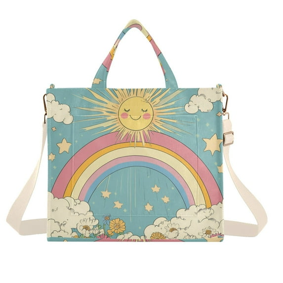 FORMRS Womens Corduroy Tote Bag Crossbody Shoulder Handbag with Pocket, Retro Beige Rainbow