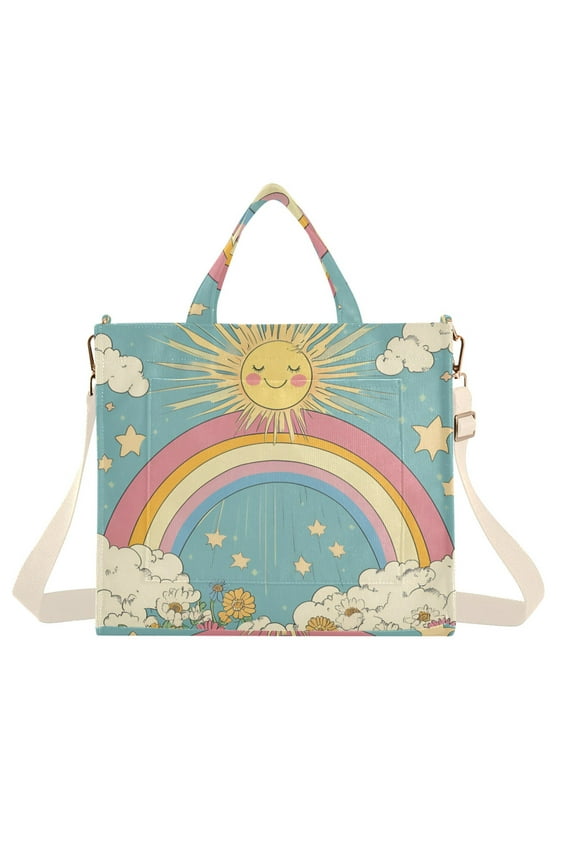 Womens Corduroy Tote Bag Crossbody Shoulder Handbag with Pocket, Retro Beige Rainbow