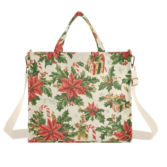 FORMRS Womens Corduroy Tote Bag Crossbody Shoulder Handbag with Pocket, Retro Christmas Holly