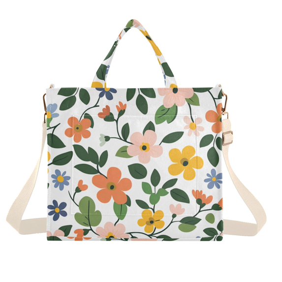 FORMRS Womens Corduroy Tote Bag Crossbody Shoulder Handbag with Pocket, Retro Colorful Flowers