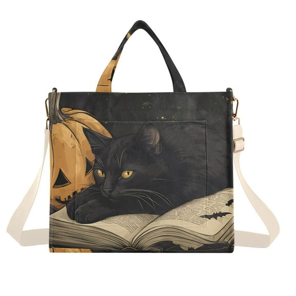FORMRS Womens Corduroy Tote Bag Crossbody Shoulder Handbag with Pocket, Retro Halloween Cat