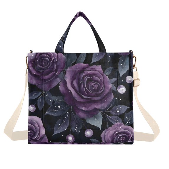 FORMRS Womens Corduroy Tote Bag Crossbody Shoulder Handbag with Pocket, Roses and Pearls