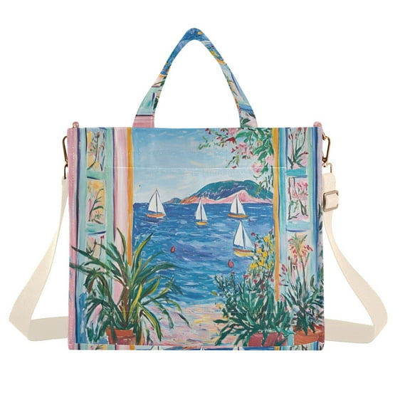 FORMRS Womens Corduroy Tote Bag Crossbody Shoulder Handbag with Pocket, Seaside Door