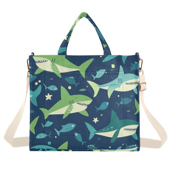 FORMRS Womens Corduroy Tote Bag Crossbody Shoulder Handbag with Pocket, Sharks Pattern