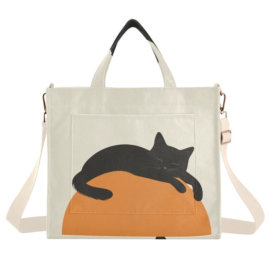 FORMRS Womens Corduroy Tote Bag Crossbody Shoulder Handbag with Pocket, Sleeping Black Cat