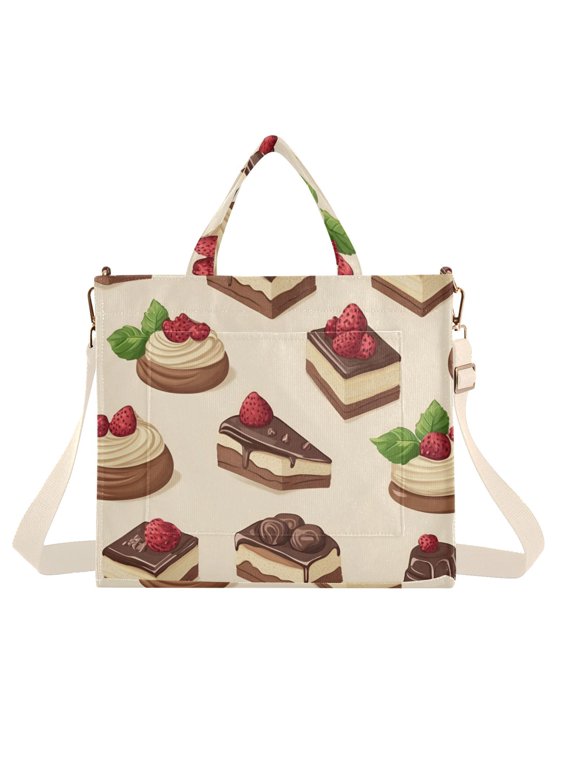 Womens Corduroy Tote Bag Crossbody Shoulder Handbag with Pocket, Strawberry Cake