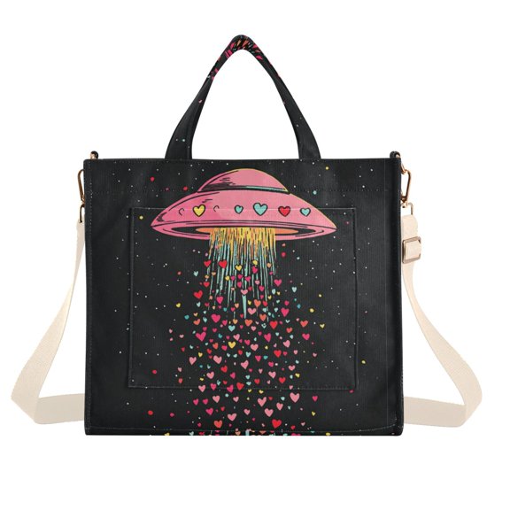 FORMRS Womens Corduroy Tote Bag Crossbody Shoulder Handbag with Pocket, UFO with Hearts Pattern