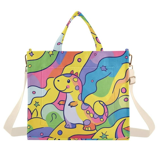 FORMRS Womens Corduroy Tote Bag Crossbody Shoulder Handbag with Pocket, Vibrant Dinosaur