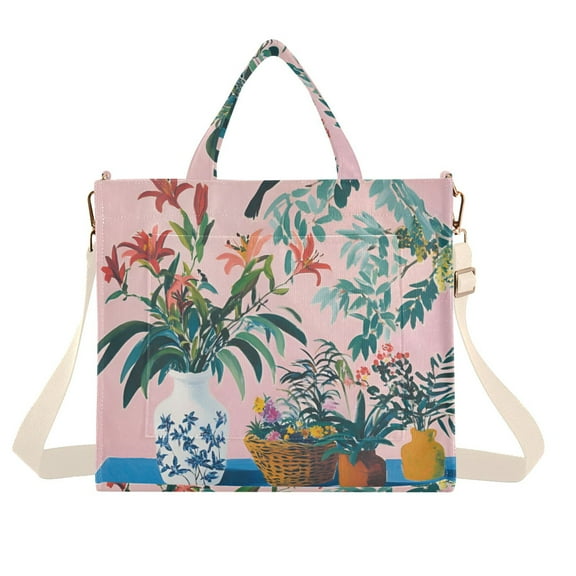 FORMRS Womens Corduroy Tote Bag Crossbody Shoulder Handbag with Pocket, Vibrant Flowers