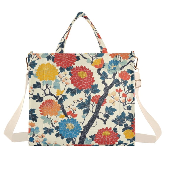 FORMRS Womens Corduroy Tote Bag Crossbody Shoulder Handbag with Pocket, Vibrant Japanese Flowers