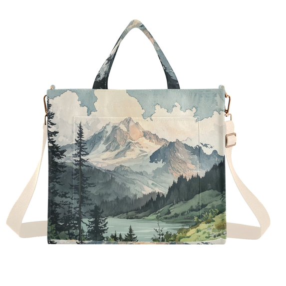 FORMRS Womens Corduroy Tote Bag Crossbody Shoulder Handbag with Pocket, Watercolor Mountatin