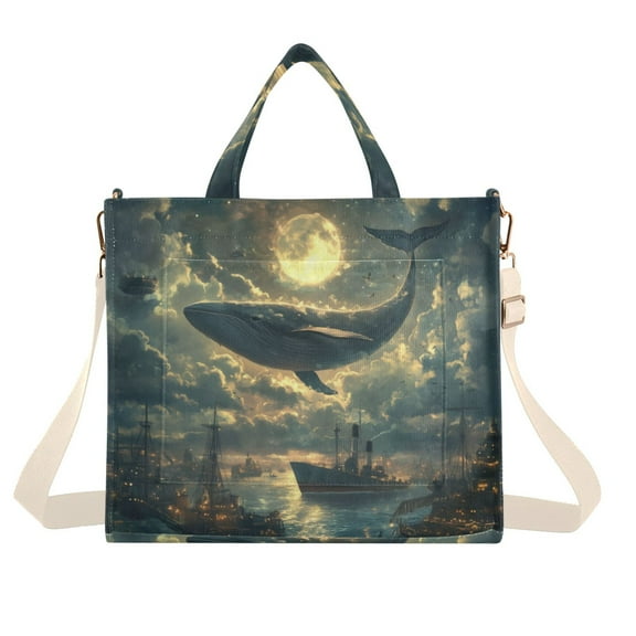 FORMRS Womens Corduroy Tote Bag Crossbody Shoulder Handbag with Pocket, Whale and Moon