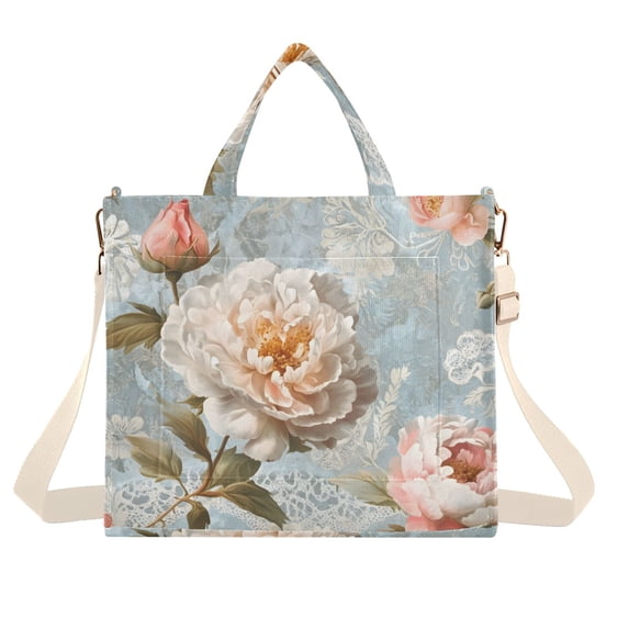 FORMRS Womens Corduroy Tote Bag Crossbody Shoulder Handbag with Pocket, Whimsical Rose