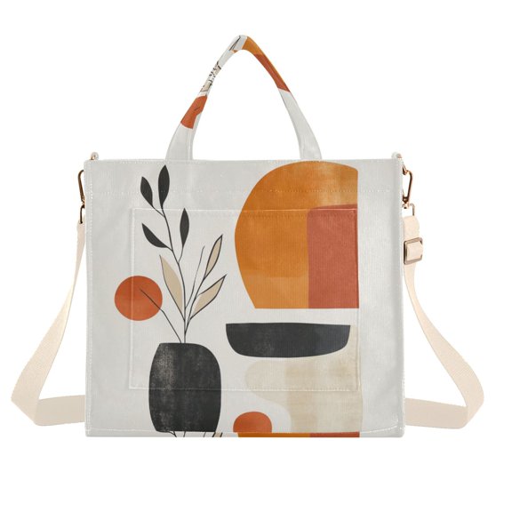 FORMRS Womens Corduroy Tote Bag Crossbody Shoulder Handbag with Pocket, White Abstract Shapes