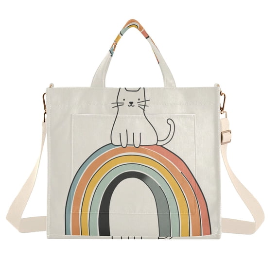 FORMRS Womens Corduroy Tote Bag Crossbody Shoulder Handbag with Pocket, White Cat Rainbow