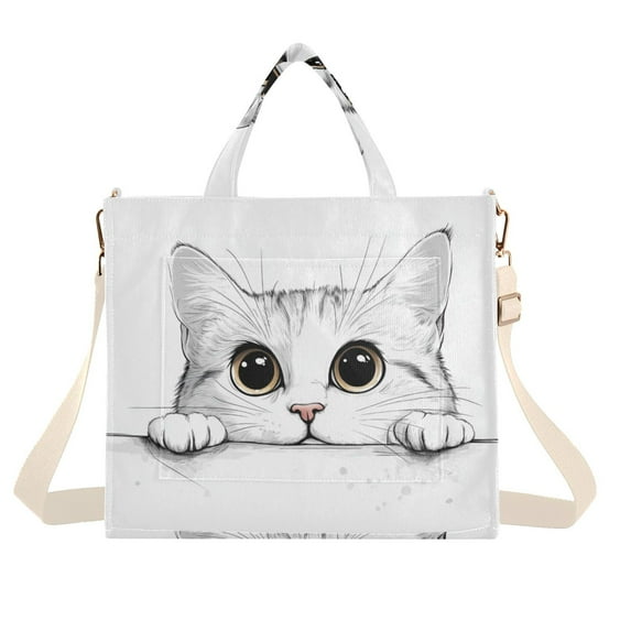 FORMRS Womens Corduroy Tote Bag Crossbody Shoulder Handbag with Pocket, White Cat