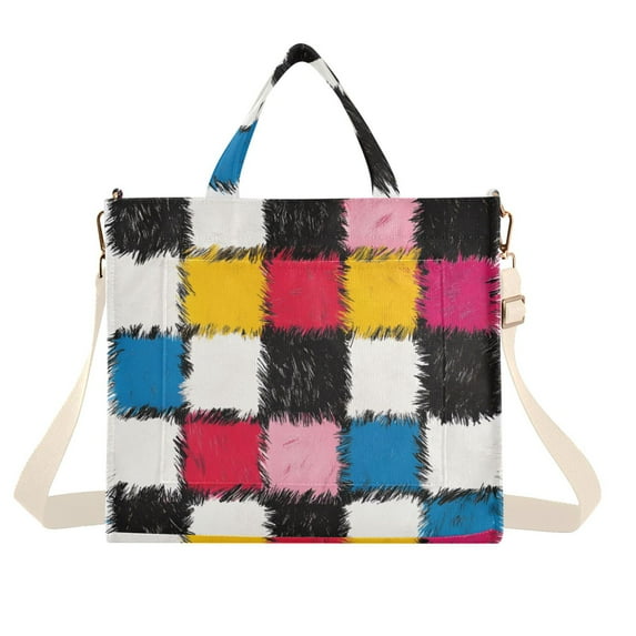 FORMRS Womens Corduroy Tote Bag Crossbody Shoulder Handbag with Pocket, White Checkered Pattern